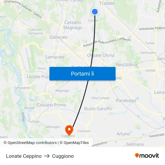 Lonate Ceppino to Cuggiono map