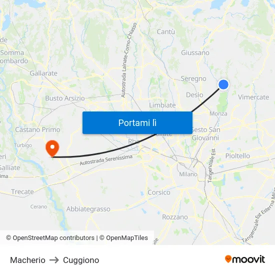 Macherio to Cuggiono map