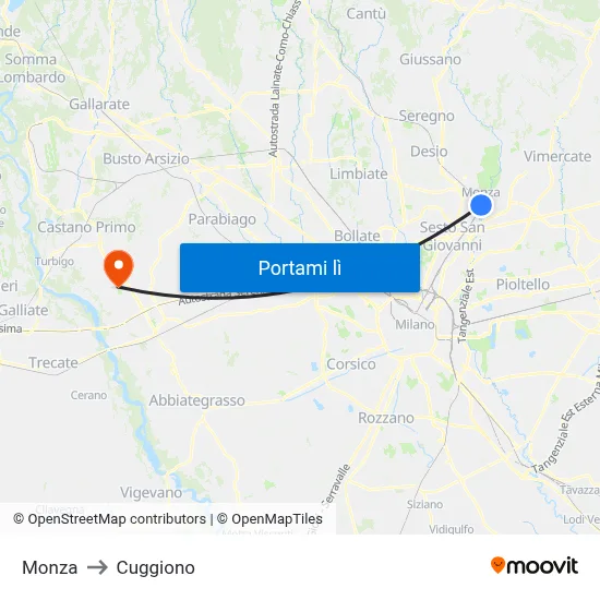 Monza to Cuggiono map