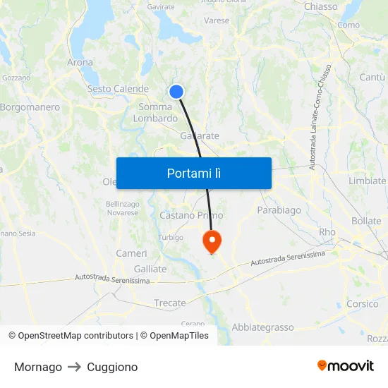 Mornago to Cuggiono map