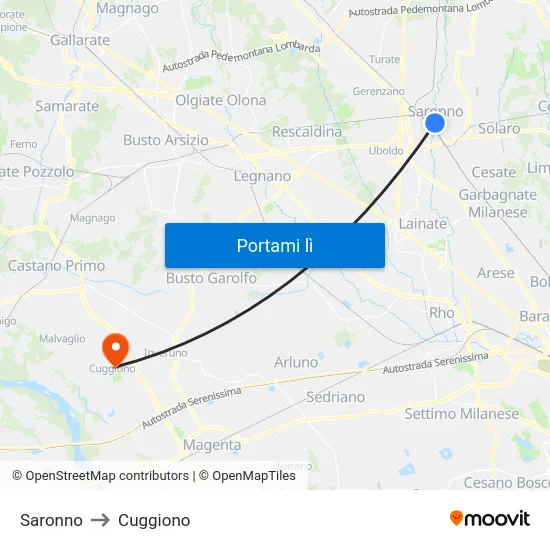 Saronno to Cuggiono map