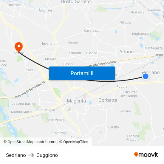 Sedriano to Cuggiono map