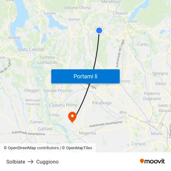 Solbiate to Cuggiono map