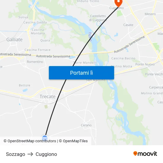 Sozzago to Cuggiono map
