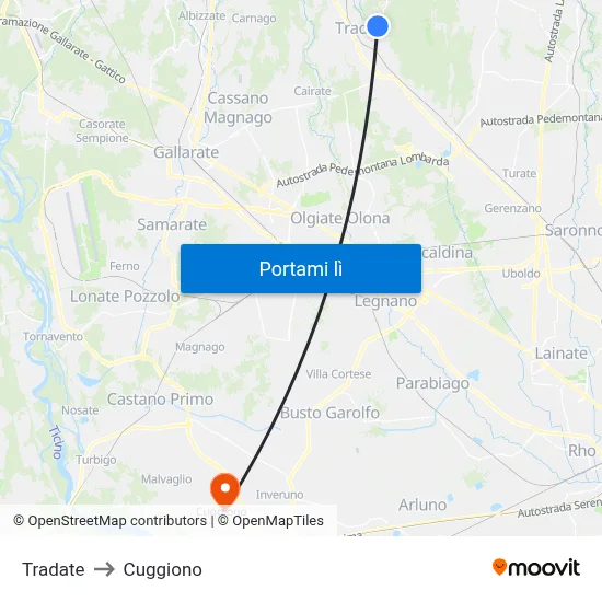 Tradate to Cuggiono map