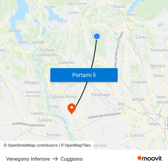 Venegono Inferiore to Cuggiono map