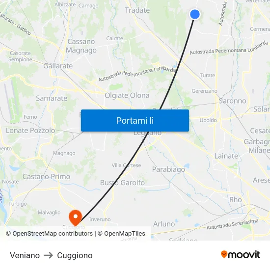 Veniano to Cuggiono map