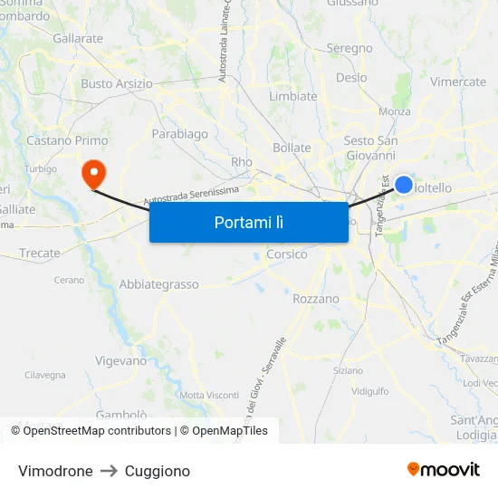Vimodrone to Cuggiono map