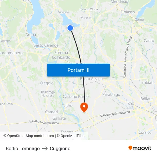 Bodio Lomnago to Cuggiono map