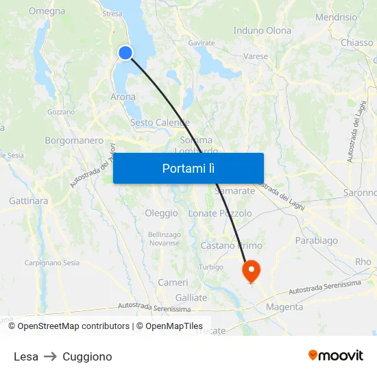 Lesa to Cuggiono map