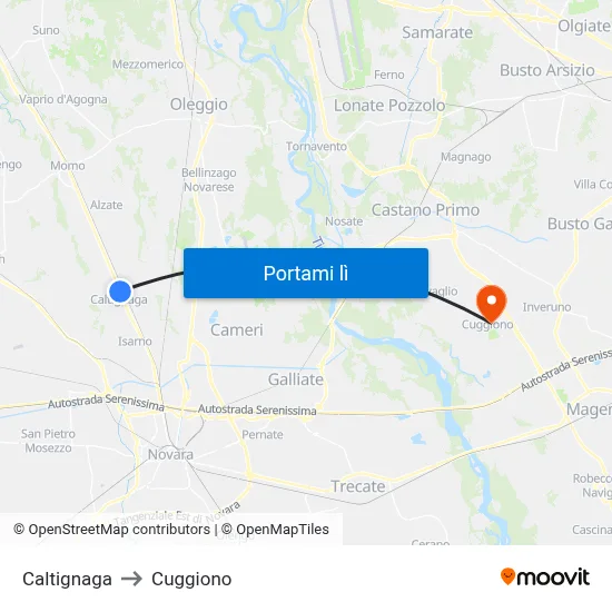 Caltignaga to Cuggiono map