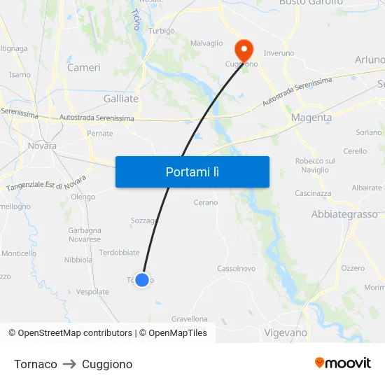 Tornaco to Cuggiono map