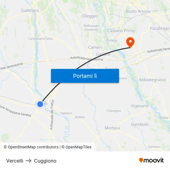 Vercelli to Cuggiono map