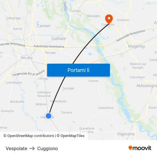 Vespolate to Cuggiono map