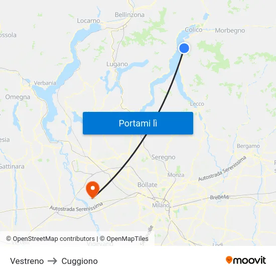 Vestreno to Cuggiono map