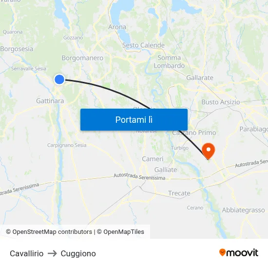 Cavallirio to Cuggiono map