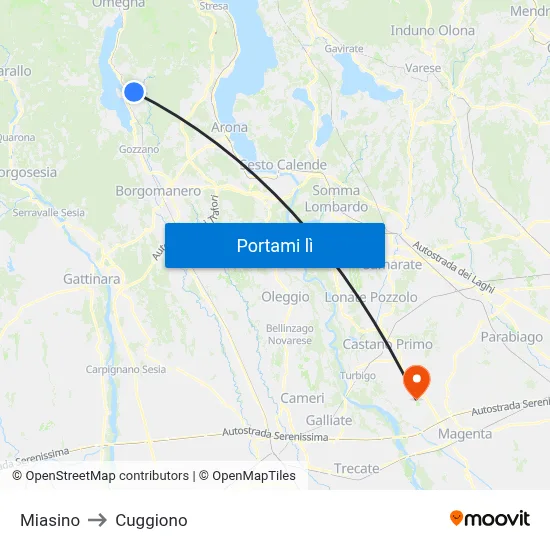 Miasino to Cuggiono map