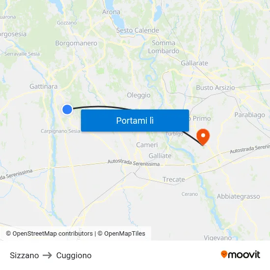 Sizzano to Cuggiono map