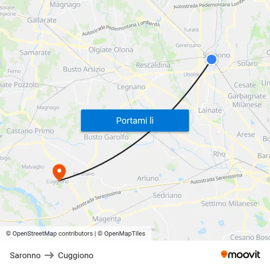Saronno to Cuggiono map
