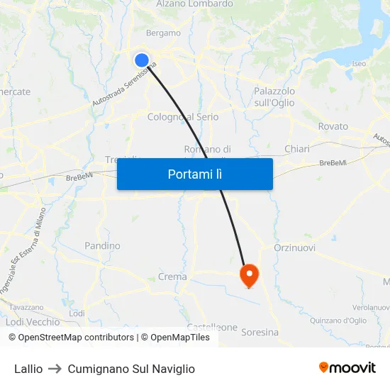 Lallio to Cumignano Sul Naviglio map