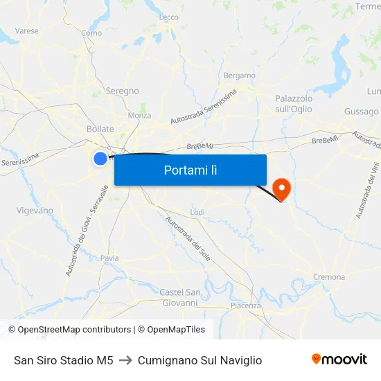 San Siro Stadio M5 to Cumignano Sul Naviglio map