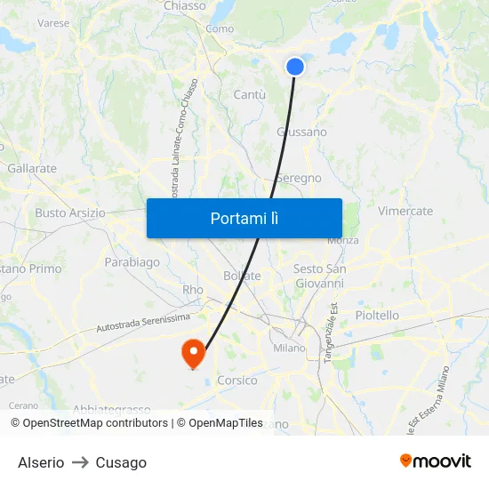 Alserio to Cusago map