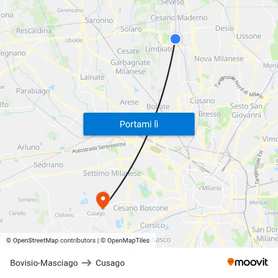 Bovisio-Masciago to Cusago map