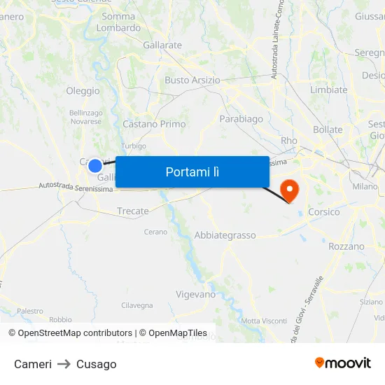 Cameri to Cusago map