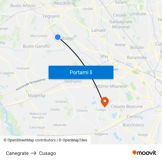 Canegrate to Cusago map
