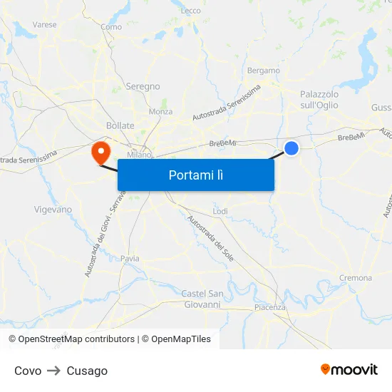 Covo to Cusago map