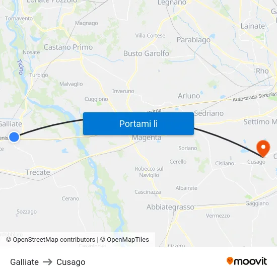 Galliate to Cusago map