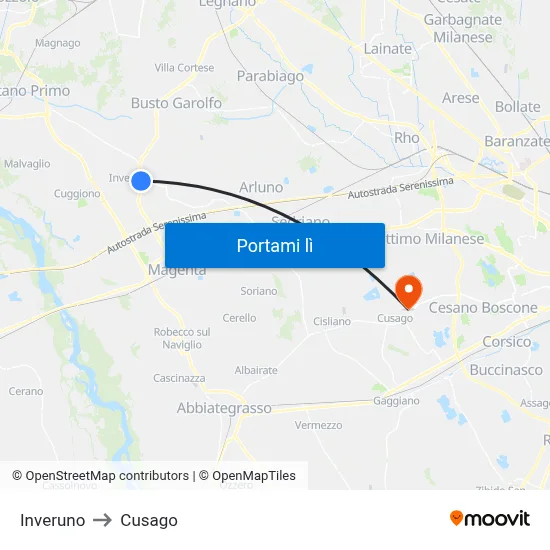 Inveruno to Cusago map