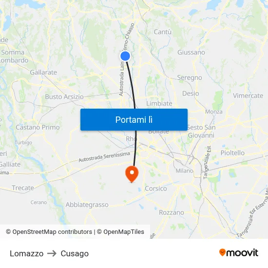 Lomazzo to Cusago map