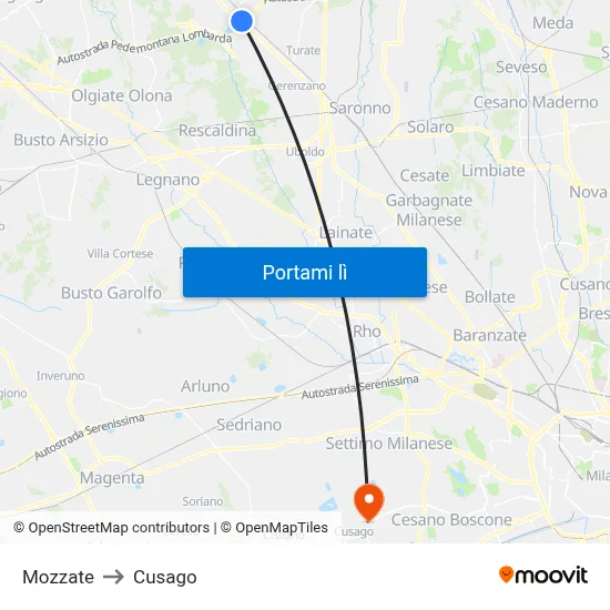 Mozzate to Cusago map