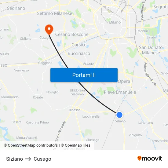 Siziano to Cusago map