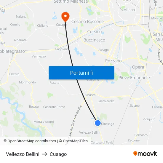 Vellezzo Bellini to Cusago map