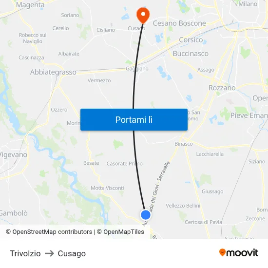 Trivolzio to Cusago map