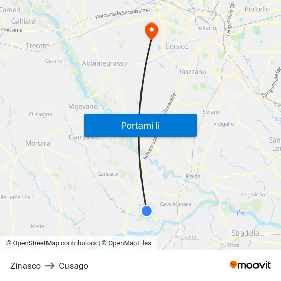 Zinasco to Cusago map