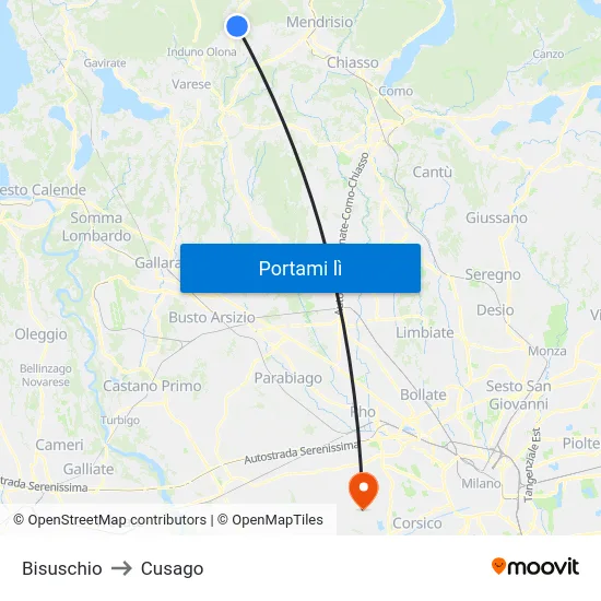 Bisuschio to Cusago map