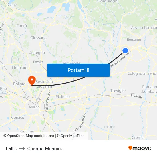 Lallio to Cusano Milanino map
