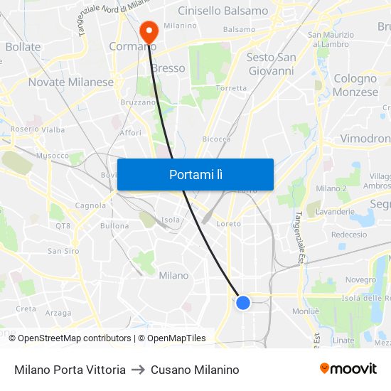 Milano Porta Vittoria to Cusano Milanino map