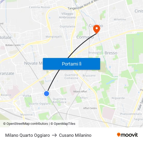 Milano Quarto Oggiaro to Cusano Milanino map