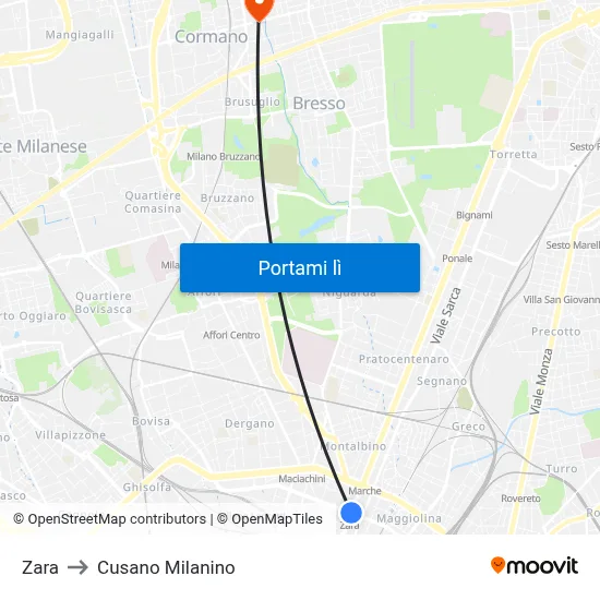 Zara to Cusano Milanino map