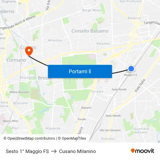Sesto 1° Maggio FS to Cusano Milanino map