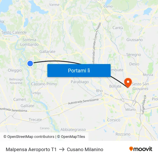 Malpensa Aeroporto T1 to Cusano Milanino map