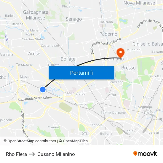 Rho Fiera to Cusano Milanino map