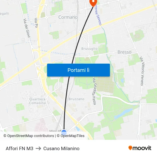 Affori FN M3 to Cusano Milanino map