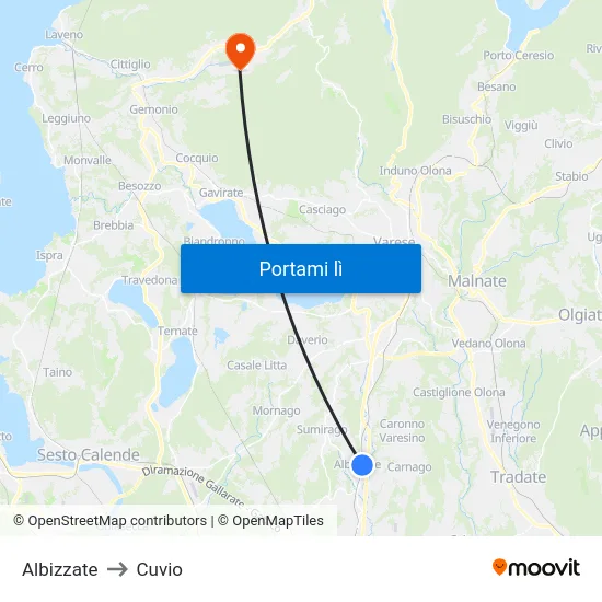 Albizzate to Cuvio map