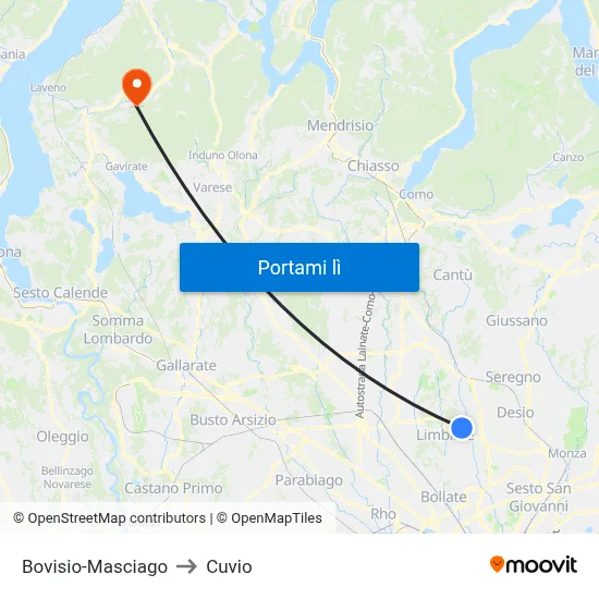 Bovisio-Masciago to Cuvio map