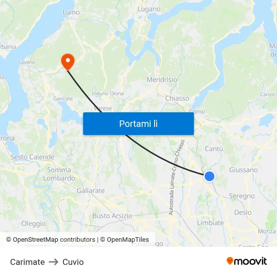 Carimate to Cuvio map
